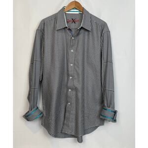 Robert Graham Houndstooth Shirt 2XL Teal Contrast Trim Button Down